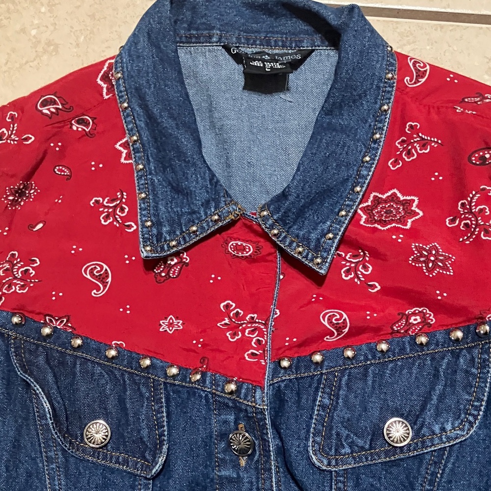 Denim Vest with Red Paisley Accents